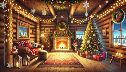Fototapeta premium Illustrate cozy cabin interior background with glowing fireplace, festive garlands, and beautifully decorated Christmas tree using Generative AI