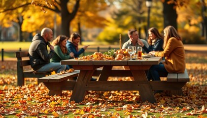 Family gathers around picnic table in park. Autumn leaves cover ground. Thanksgiving meal with food, drinks. Relaxed atmosphere. Fall colors. Family members talk, enjoy meal. Park setting with trees.