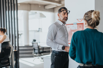 Obraz premium A diverse team of people engaging in a conversation within a contemporary office environment. The image depicts workplace communication and collaboration among multicultural employees.