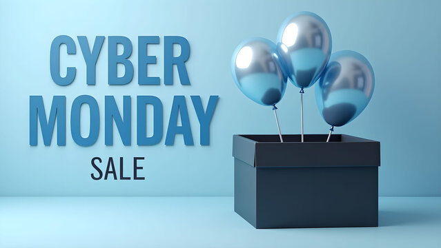 Cyber Monday Sale Banner with Balloons and Box. Concept of Online Shopping and Discount.