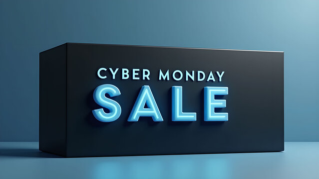 Cyber Monday Sale Neon Sign on Black Box. Concept of Online Shopping and E commerce.