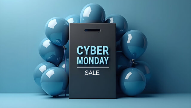 Cyber Monday Sale Sign with Blue Balloons. Concept of Online Shopping and E commerce.