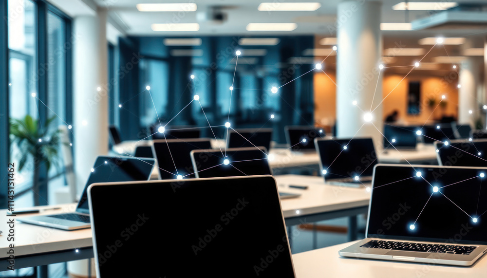 Poster modern office space with multiple laptops on desks. digital network graphics overlayed. suggests tec