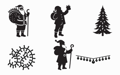 Christmas Silhouette Set: Santa Claus, Tree, and Lights