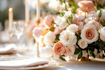 Floral centerpiece, table setting, sunlight, elegance, celebration.