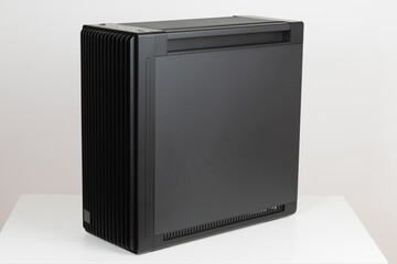 Side view of empty  big tower, PC case, chassis,  15.5 mm front panel grille with 45% porosity for...
