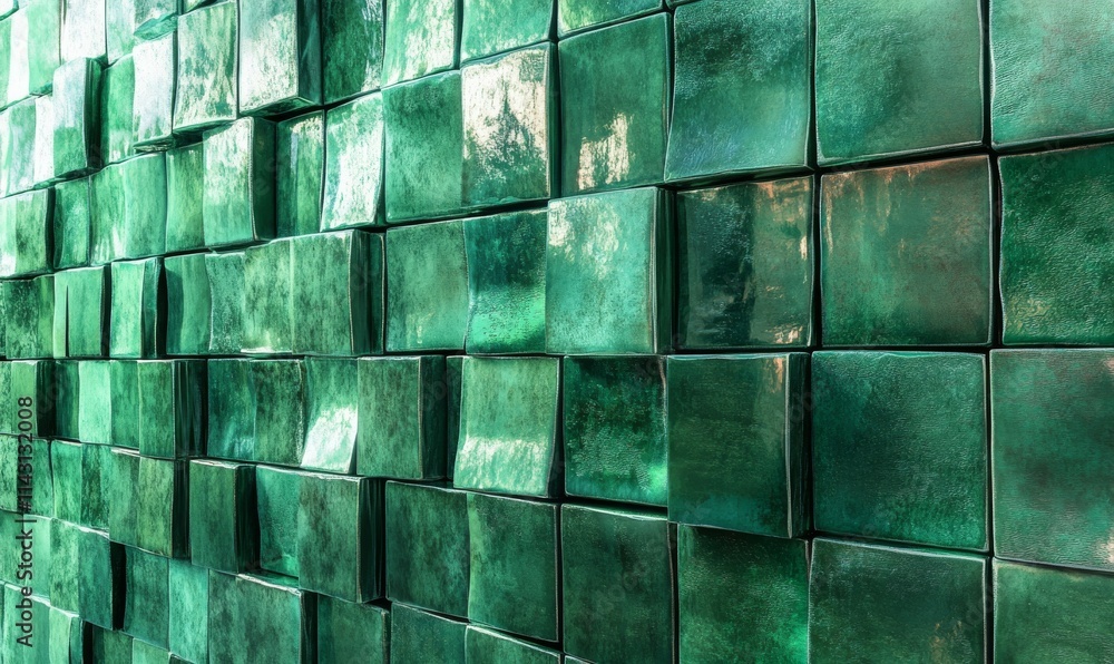 Aufkleber green, square mosaic tiles arranged in the shape of a wall. futuristic, blocks stacked to create a s
