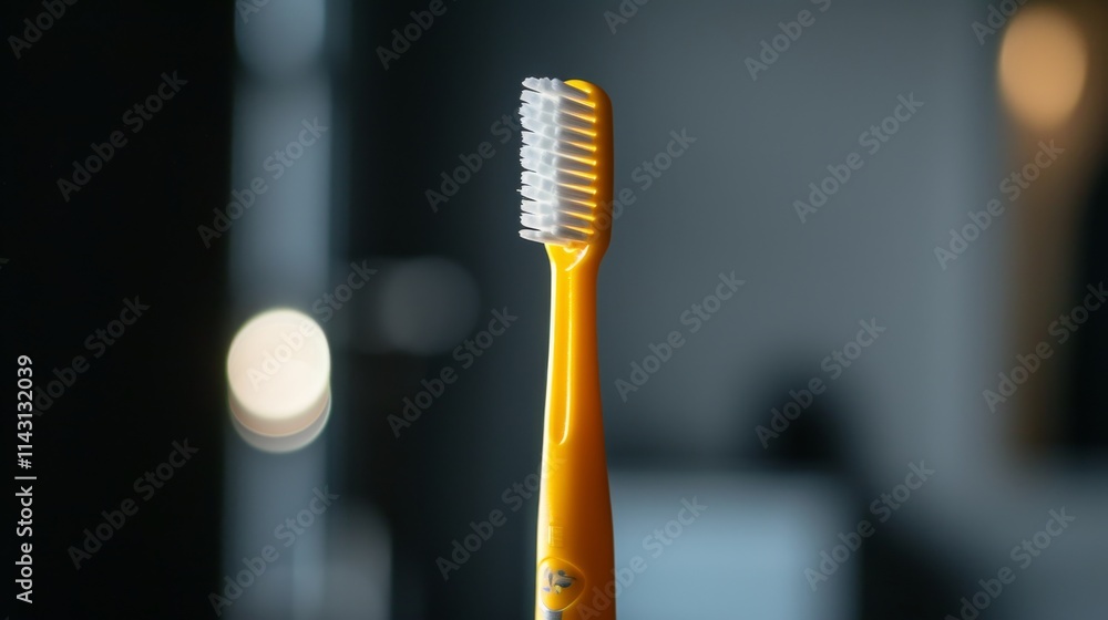 Poster a simple yellow toothbrush captured in an indoor setting with soft lighting, emphasizing cleanliness