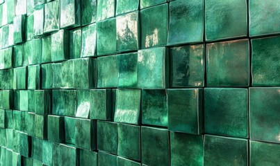 Green, Square Mosaic Tiles arranged in the shape of a wall. Futuristic, Blocks stacked to create a Semigloss block background.