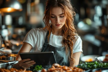 Fit healthy young girl recording her video blog episode about healthy food additives while standing at the kitchen at home