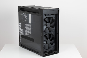  Two 200mm pre-installed system fans, front panel IR dust indicator. Side view of empty big tower, PC case, chassis. Left panel is  tempered-glass.