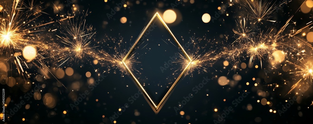 Aufkleber holiday background with triangle frame on black. gold sparkler firework shape with copy space.