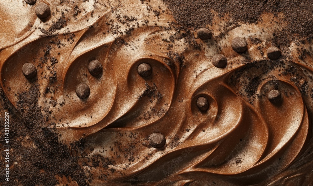 Poster chocolate paste textures shaped into dynamic abstract forms, surrounded by powdered cocoa and chocol