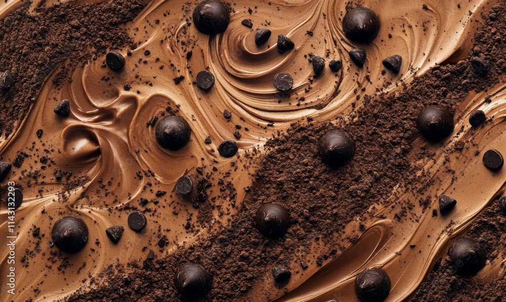 Poster chocolate swirls and cocoa powder scattered artfully in abstract patterns, accented with chocolate c