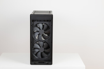 Front view of empty  big tower, PC case, chassis,  two  pre-installed system extra-thick 200 x 38...