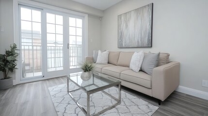 Modern living room with beige sofa, glass coffee table, and patio doors.