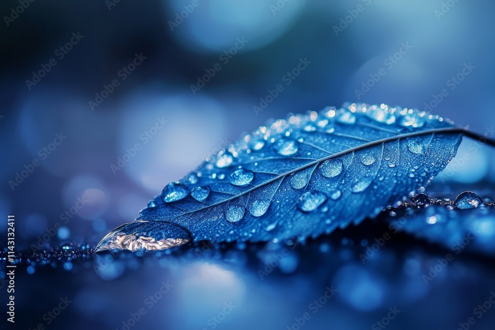 Poster close-up of a dew-covered leaf in blue tones, shallow depth of field, bokeh background.