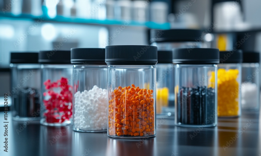 Poster laboratory for working with microorganisms. there are several transparent jars of various shapes wit