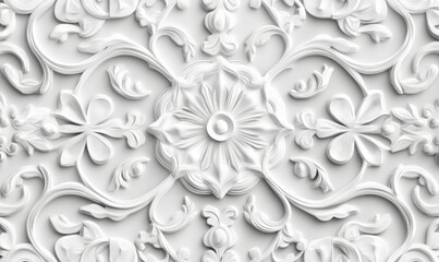 Intricate Light Decorative Pattern Wallpaper. White 3D Stucco Background.