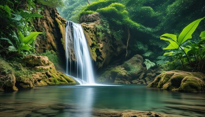 Fototapeta premium trees and flowing waterfall in a tropical forest landscape