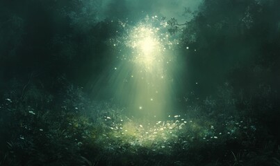 Obraz premium Glowing light illuminates a dark, verdant forest clearing.