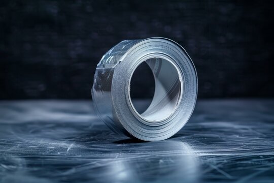 Roll of self adhesive waterproof tape is lying on a dark scratched metal surface