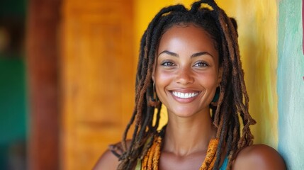 Fototapeta premium Jamaican woman with dreadlocks, smiling brightly