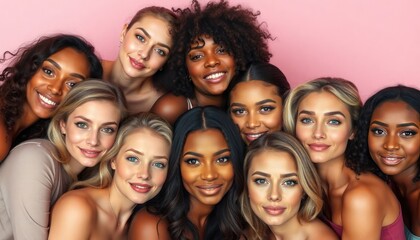 Fototapeta premium Eight diverse women pose for studio photo. Look directly at camera with happy expressions. Beautiful makeup, styled hair. Pink background. Minimalist studio setting. Women different ethnicities.