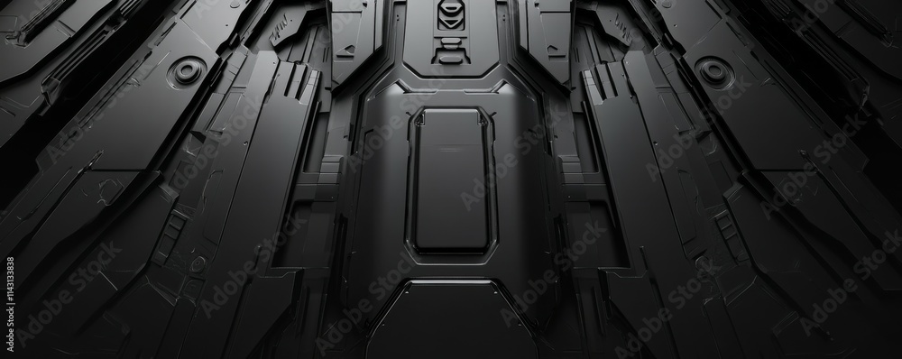 Poster dark tech background, with a geometric 3d structure. clean, minimal design with simple black futuris