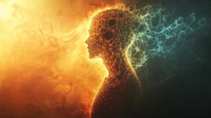 A figure cloaked in half light and half shadow, with fractal patterns glowing across the transition between the two