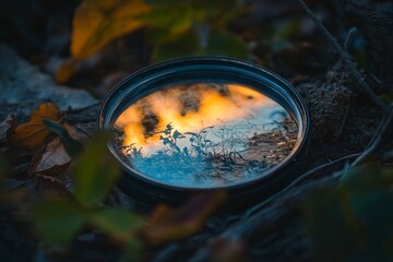 Lens reflecting sunset, plants, and autumn leaves on ground.