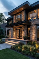 Obraz premium Modern stone house, illuminated entrance, landscaped yard.