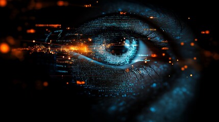 Fototapeta premium Digital blue eye with data visualization charts and graphs floating in front of it, representing the advanced technology used by AI to process information