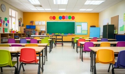 Modern school classroom, colorful chairs and desks, interactive smart board at the front, bright lighting and engaging decorations on the walls