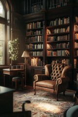 Luxurious library, leather armchair, bookshelves, sunlight.