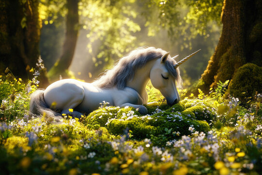 Enchanted unicorn resting in sunlit forest glade amidst wildflowers