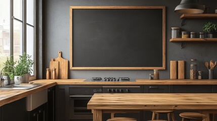 Minimalist kitchen with a blank chalkboard on the wall
