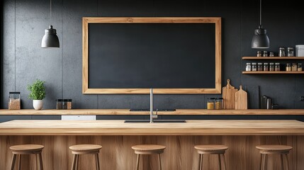 Minimalist kitchen with a blank chalkboard on the wall