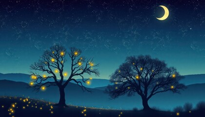 Fototapeta premium Silhouette trees glowing with fireflies on serene hill landscape under starry night sky. Magical summer night scene with calm atmosphere. Gentle hills stretch toward dark horizon. Moonlit tranquility
