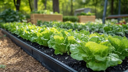 Obraz premium Lush green lettuce plants growing in raised garden bed.