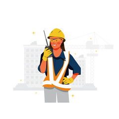 Vector of female construction worker use handy talkie to communicate each others