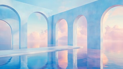 Fototapeta premium Serene Pastel Archway Structure Reflecting Peaceful Sky