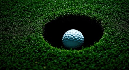 Golf ball perfectly positioned in golf hole. Vibrant green grass surrounds. Precise moment of success in game. Elite golfer aiming for victory. Sport, competition. Luxury lifestyle photo. Achievement