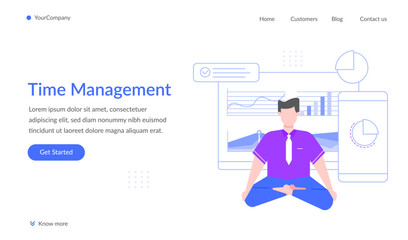 Businessman meditating in lotus position surrounded by charts and graphs, symbolizing effective time management, work life balance, and mindfulness in a busy work environment