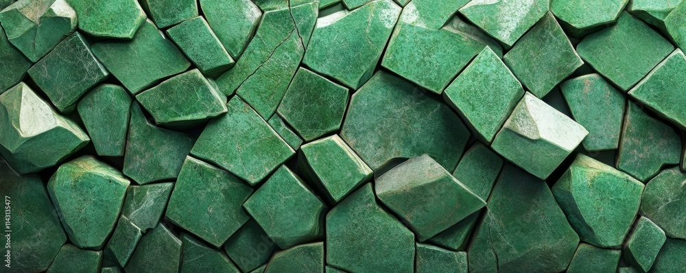 Poster futuristic mosaic tiles arranged in the shape of a wall. 3d wall. polished, green bricks stacked to 