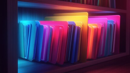 Obraz premium Open folder displaying colorful file icons, illuminated by soft office light