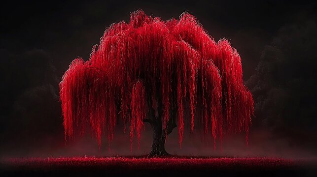 Red weeping willow tree in dark foggy field.