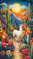 A dreamy desert pathway leads through an explosion of colors as a fluffy llama strolls amidst towering cacti and vibrant blooms, bathed in warm sunset light