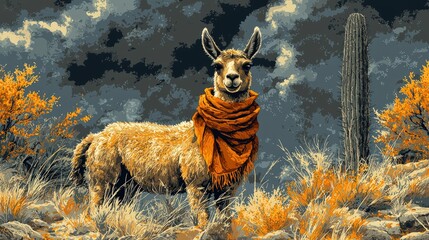 In this captivating landscape, a llama wearing a colorful shawl poses beside a towering cactus, set against a backdrop of dramatic clouds and autumn hues
