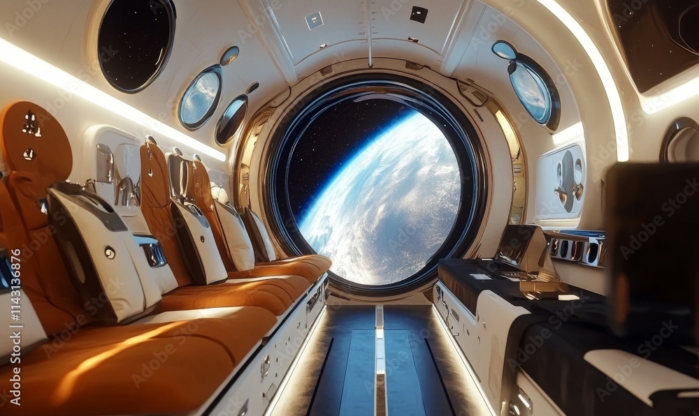 Poster interior view of a spaceship cabin as it flows through deep space.